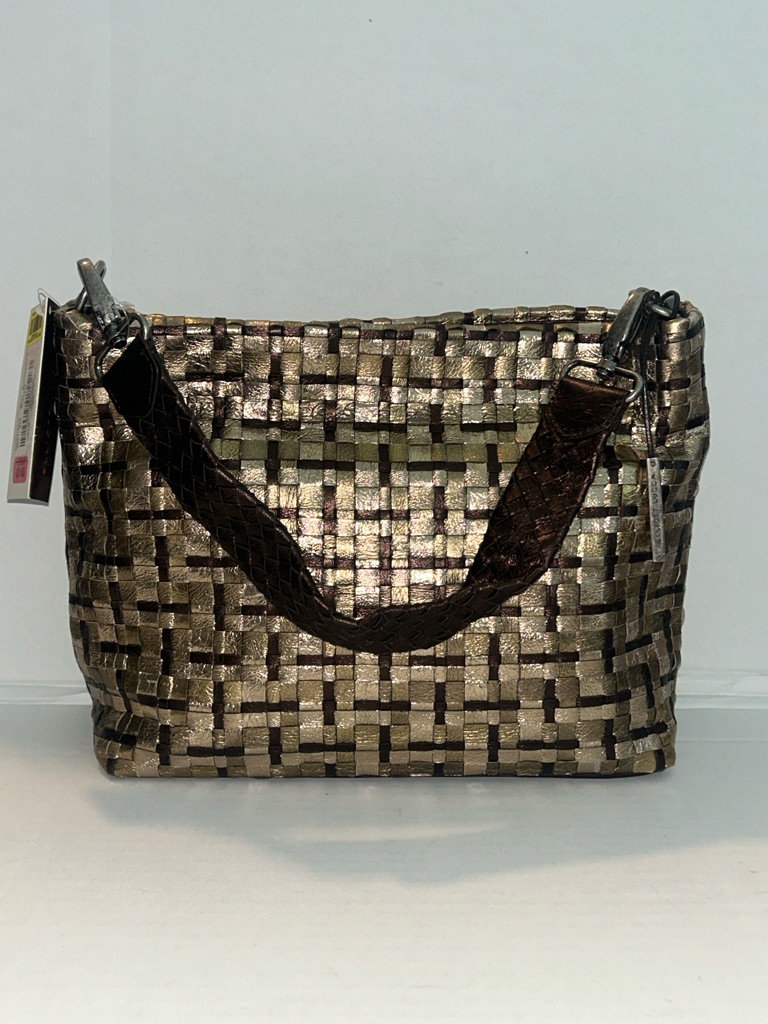 Elliott Lucca Woven Leather Shoulder Bag Metallic Brown & Gold New